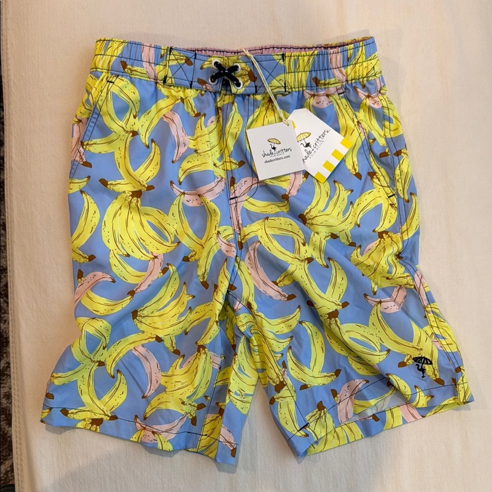 Banana Print Kids Swim Trunks - Blue and Yellow